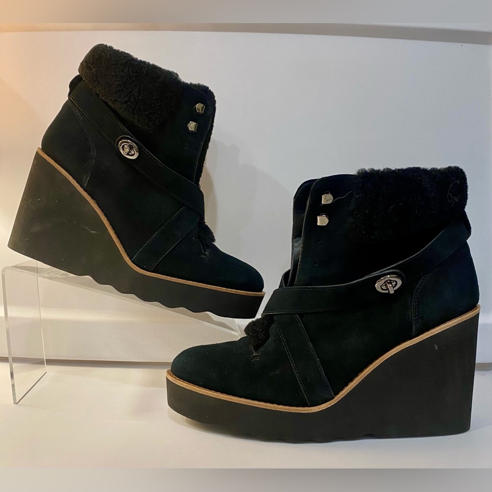Coach Kenna Black Suede Shearling Turnlock Strap Wedge Booties
